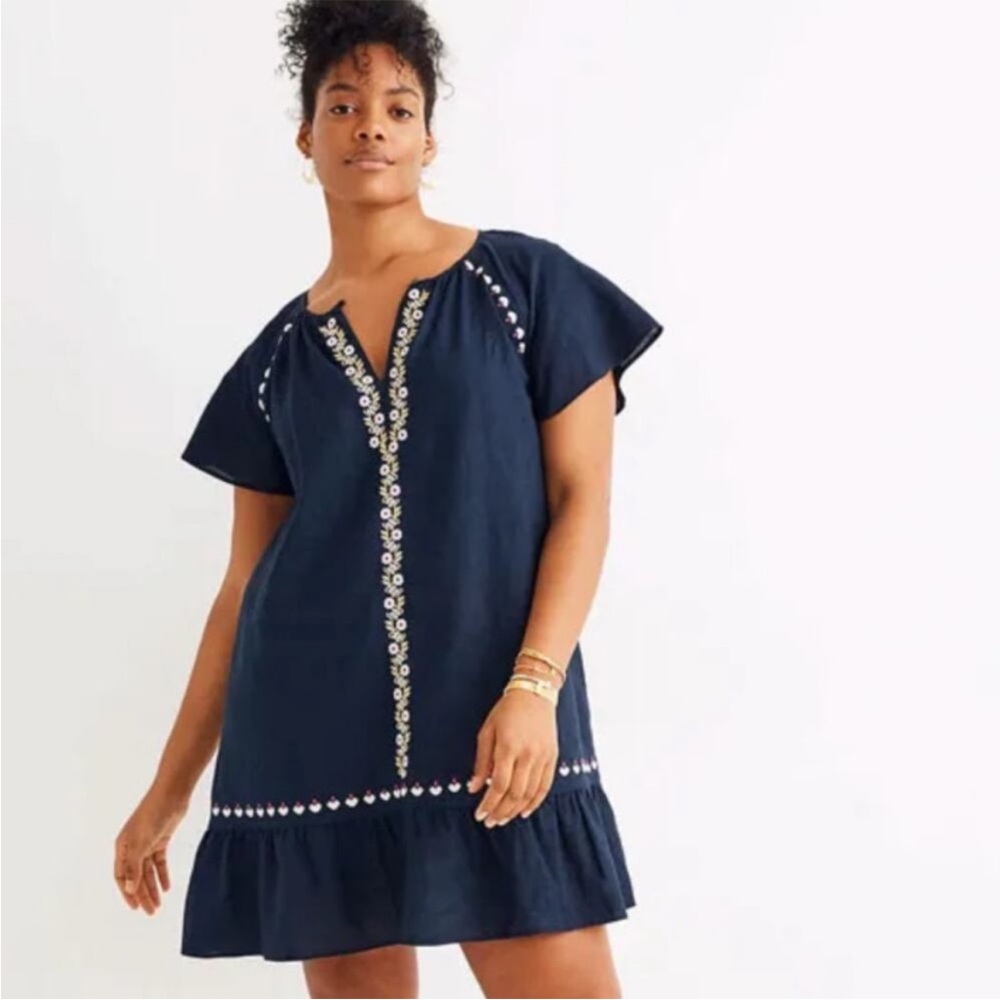 Embroidered linen navy mini dress
